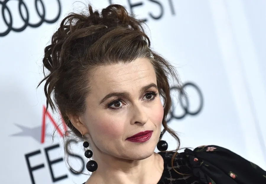 Older Actress Helena Bonham Carter with Brown Hair Updo