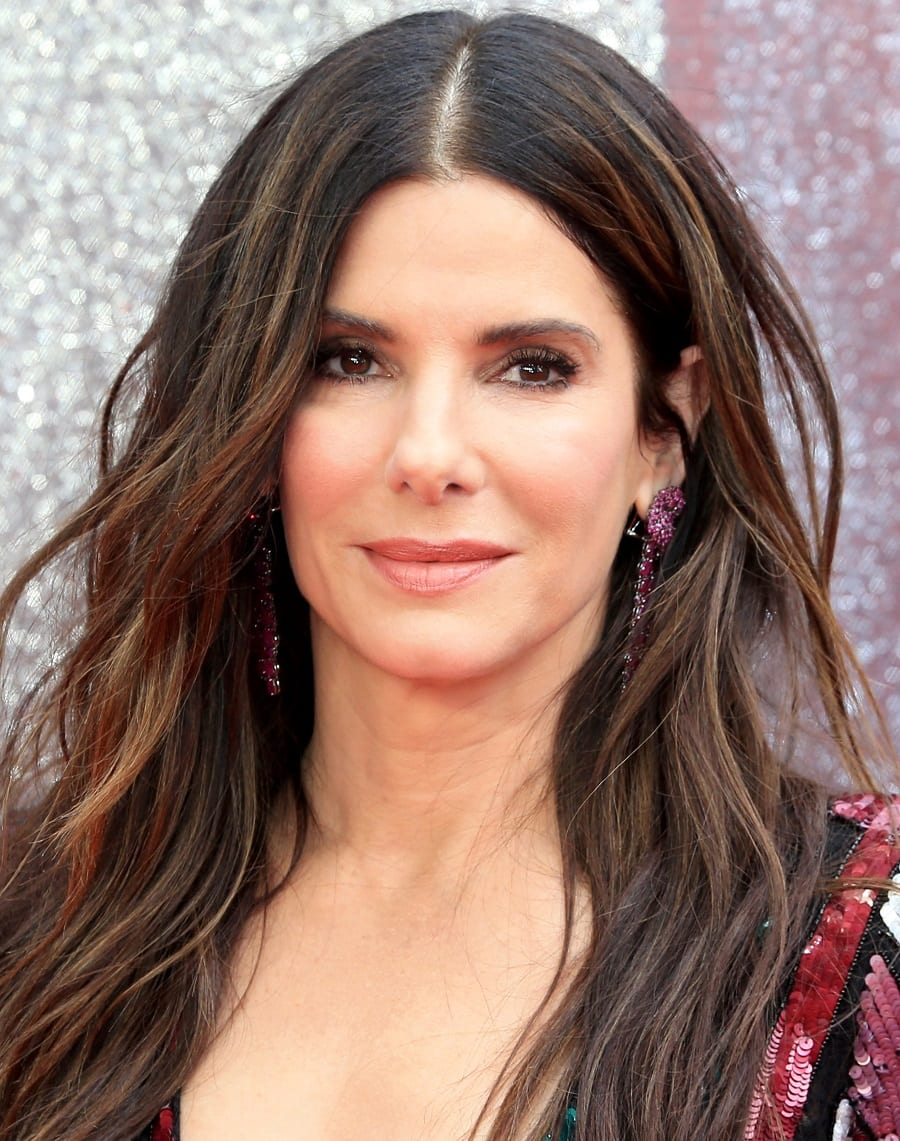 Older Actress Sandra Bullock with Brown Beach Waves Hairstyle