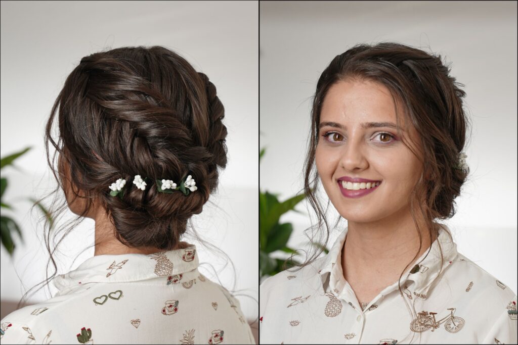Final look of a reverse fishtail braid and flat twist floral low bun, showing the back, and front views of the hairstyle.