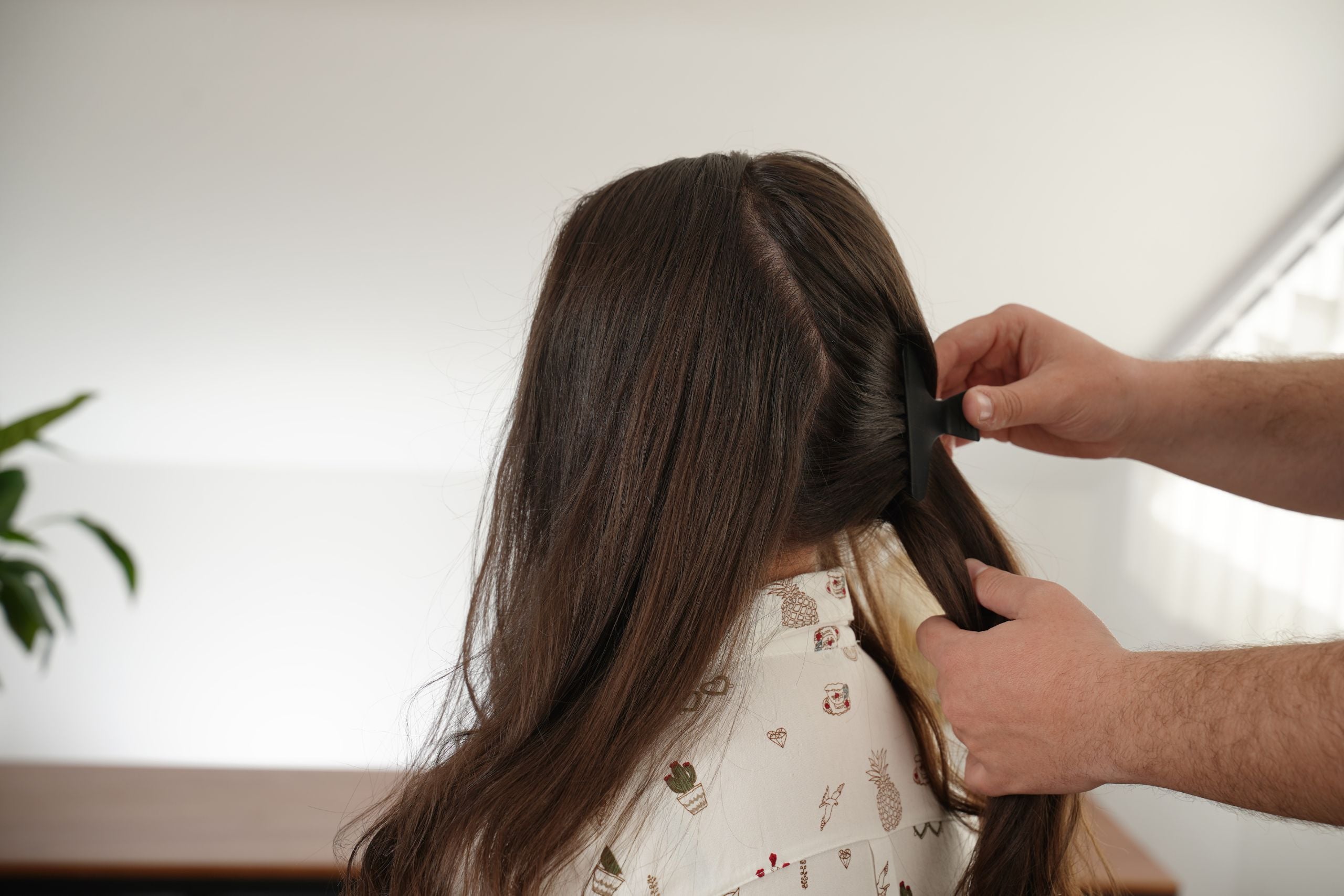 Back hair sectioned into two parts with one side clipped away.