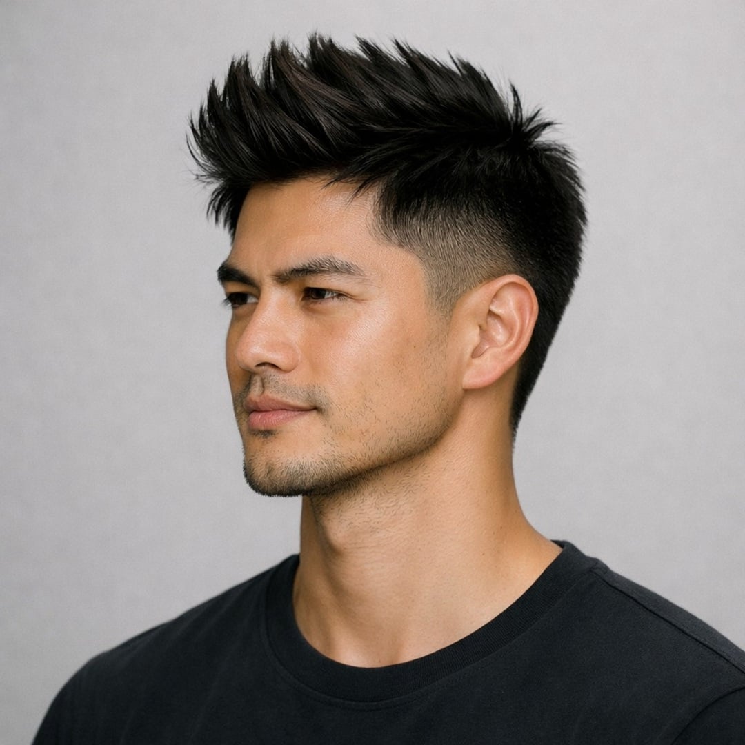 Tall dark spiky faux hawk with tapered sides and a lifted front