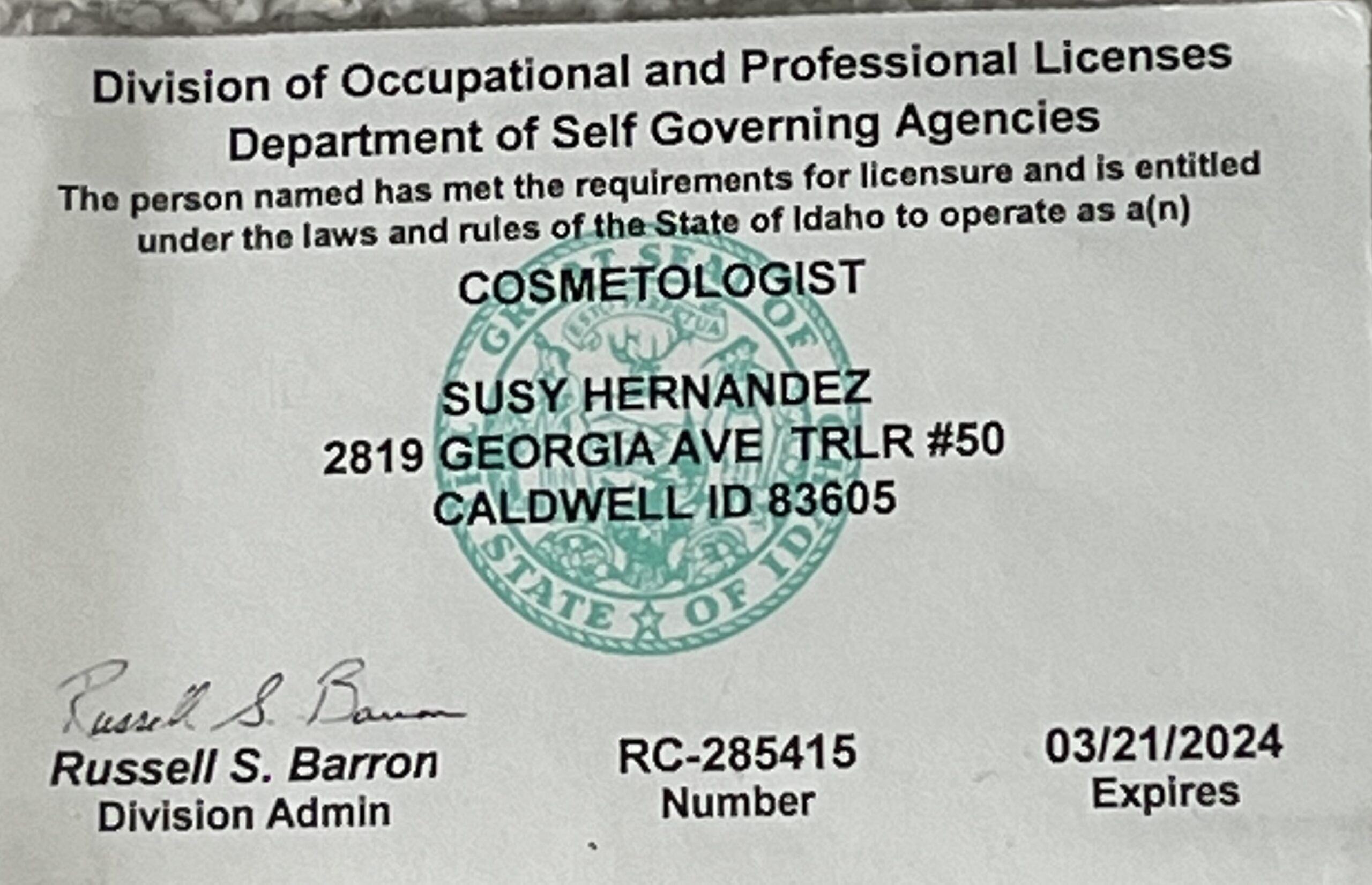Susy Hernandez, cosmetologist certificate, Idaho