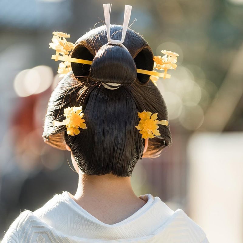 traditional Japanese Nihongami bun and golden floral pins