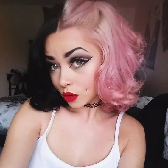  Pink and Black Two Tone Hair Color idea 