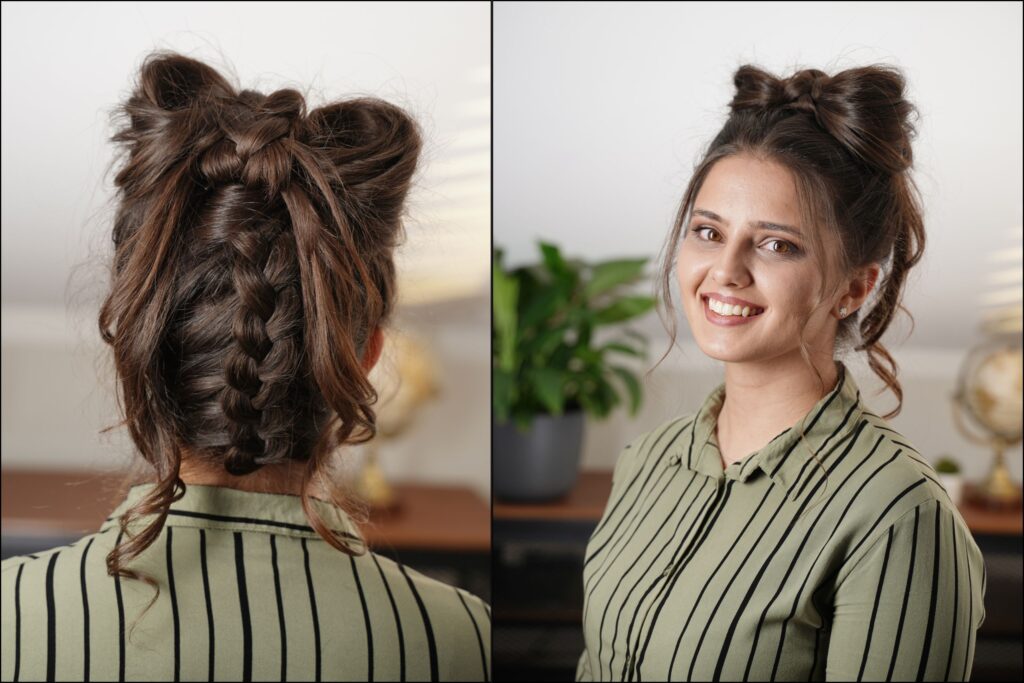 Complete look of an upside-down Dutch braid with a big hair bow, shown in back and front views.