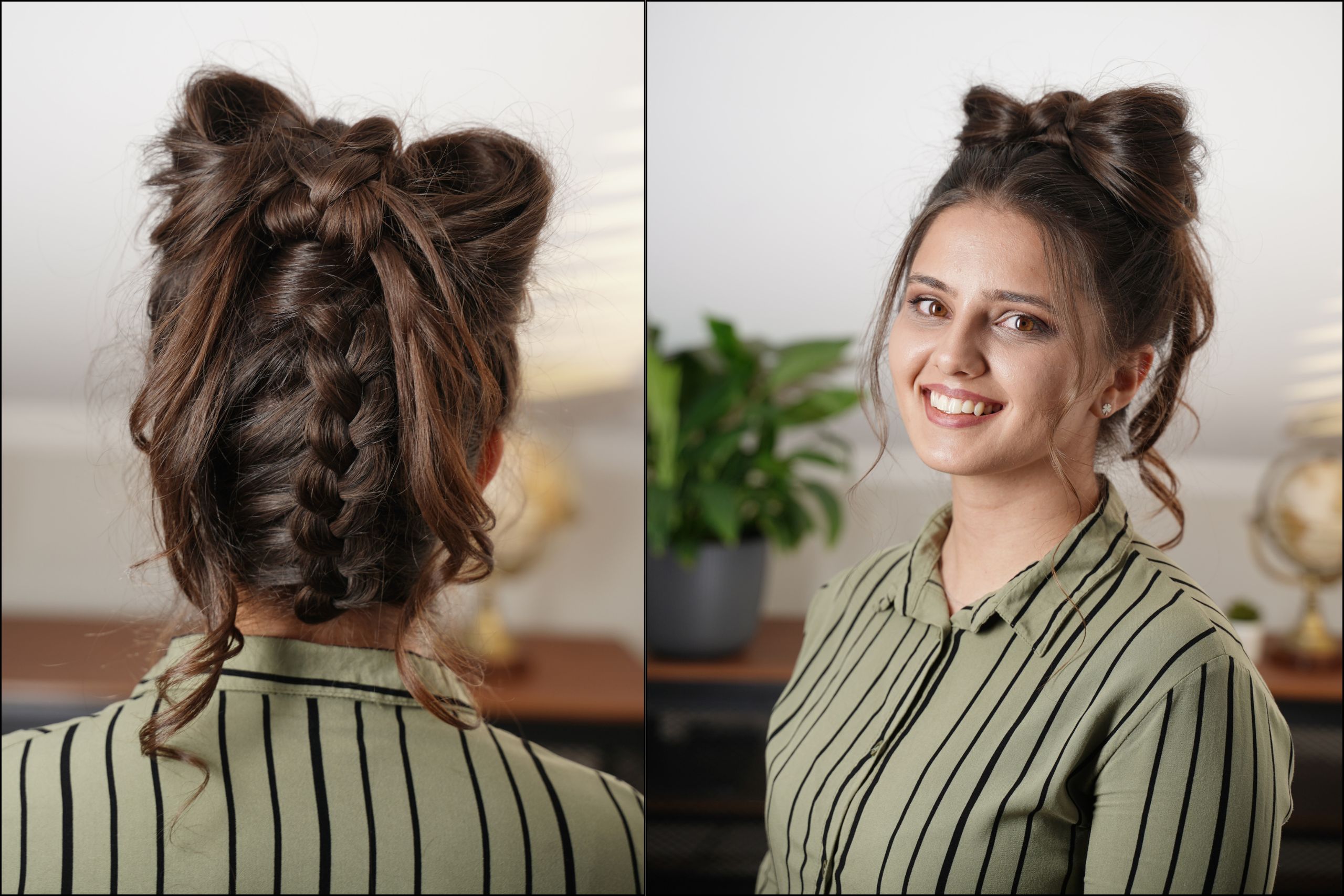 Complete look of an upside-down Dutch braid with a big hair bow, shown in back and front views.