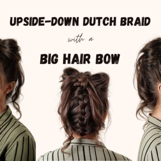 A model showcasing her upside-down dutch braid and big hair bow style