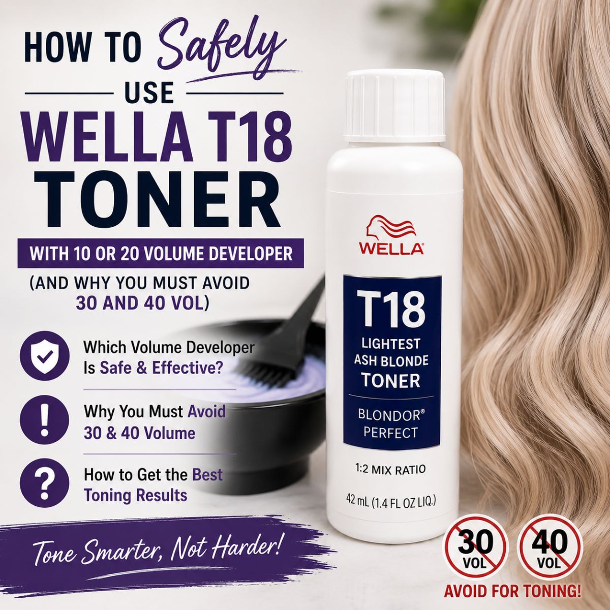 Wella T18 toner with 10 and 20 volume developer, warning to avoid 30 and 40 volume for toning