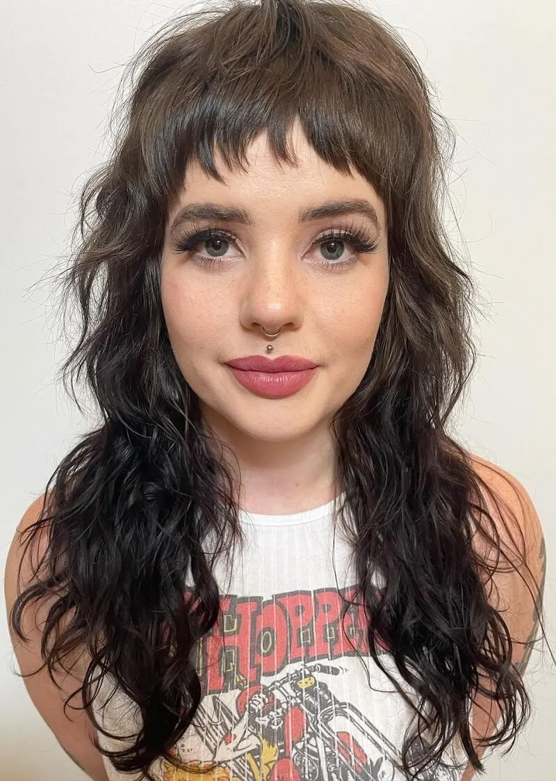 Wolf Haircut with Short Fringe on Dark Brown Hair