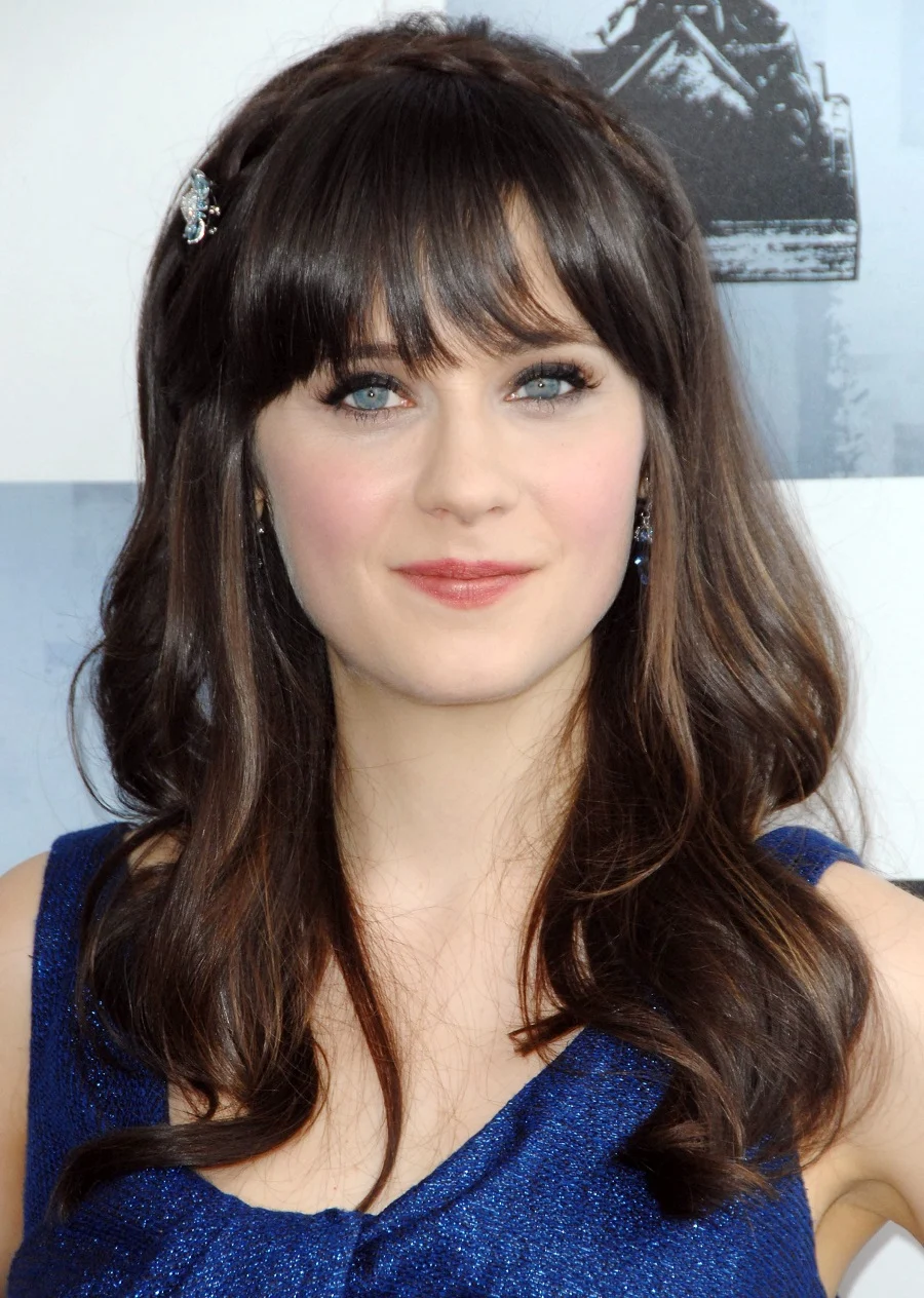 Zooey Deschanel With Brown Hair And Blue Eyes