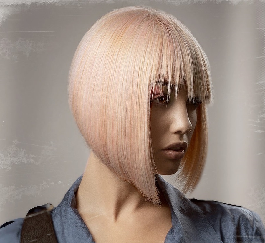 pink a-line bob haircut with bangs