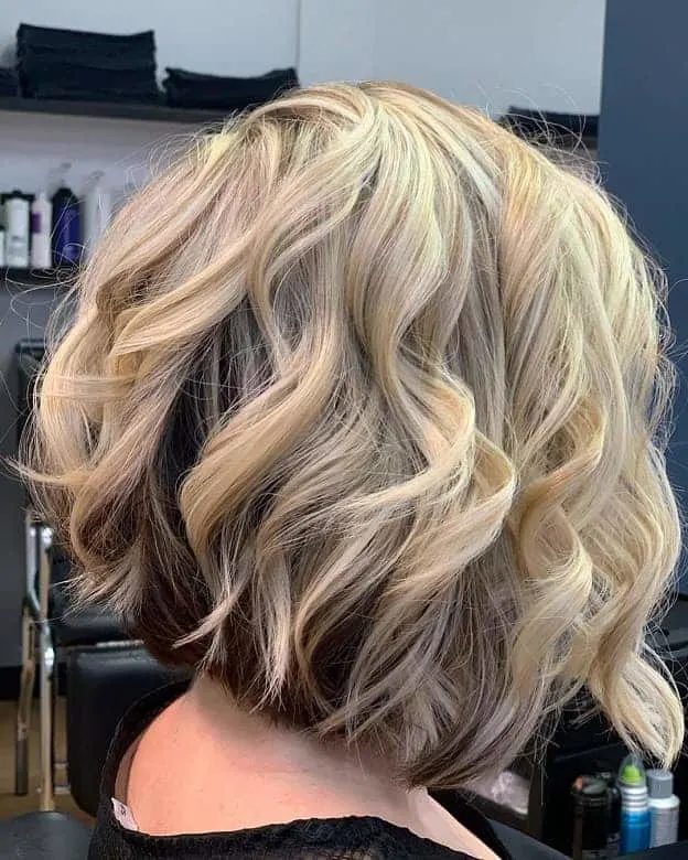 blonde wavy angled bob with layers