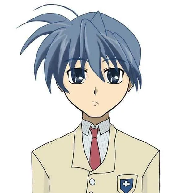 anime boy Tomoya Okazaki with blue hair