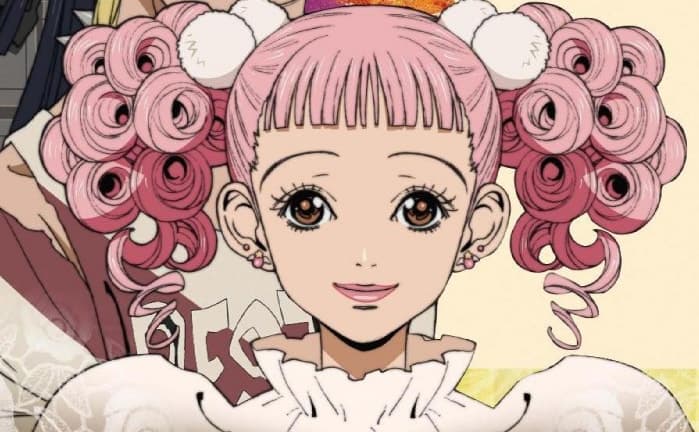 anime girl Sakurada with pink curly ponytail