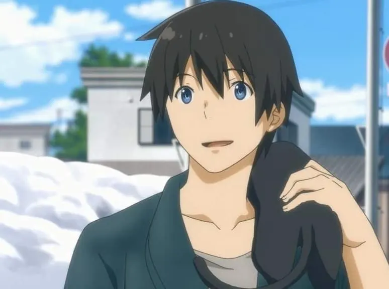 Anime boy character with black long fluffy wavy hair, wearing a blue hoodie  and glasses