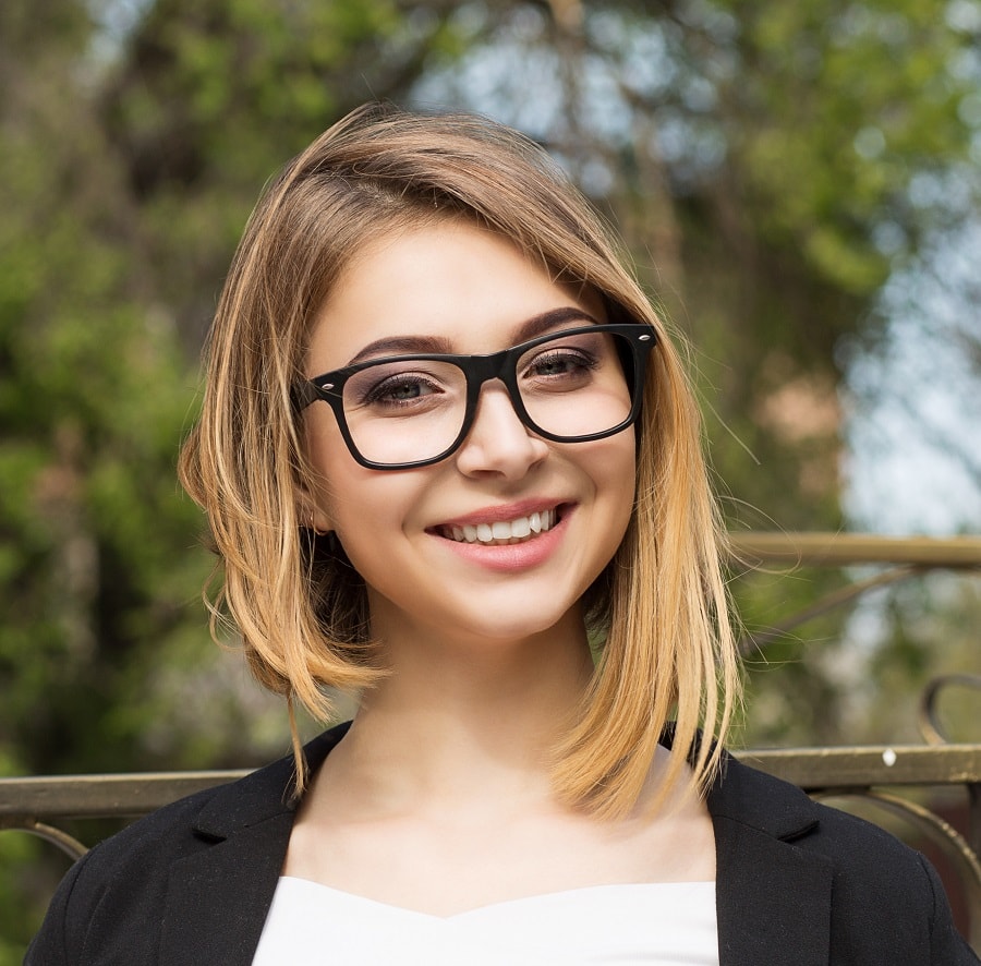 Image of Asymmetrical bob glasses hairstyle