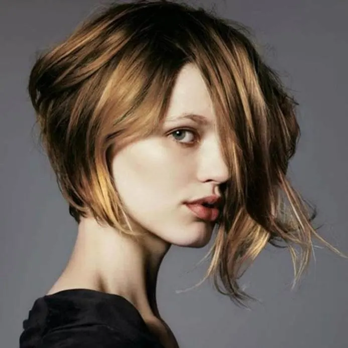 Shaggy Asymmetrical Bob with Layered Bangs