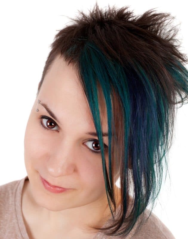 asymmetrical hairstyle with blue highlights
