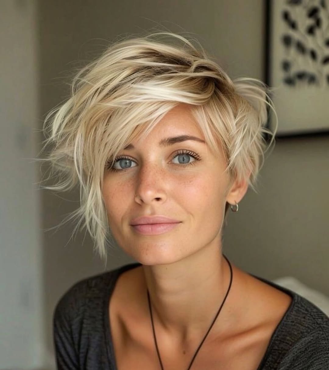 Blonde asymmetrical pixie with tousled layers and long bangs falling toward the jaw on one side