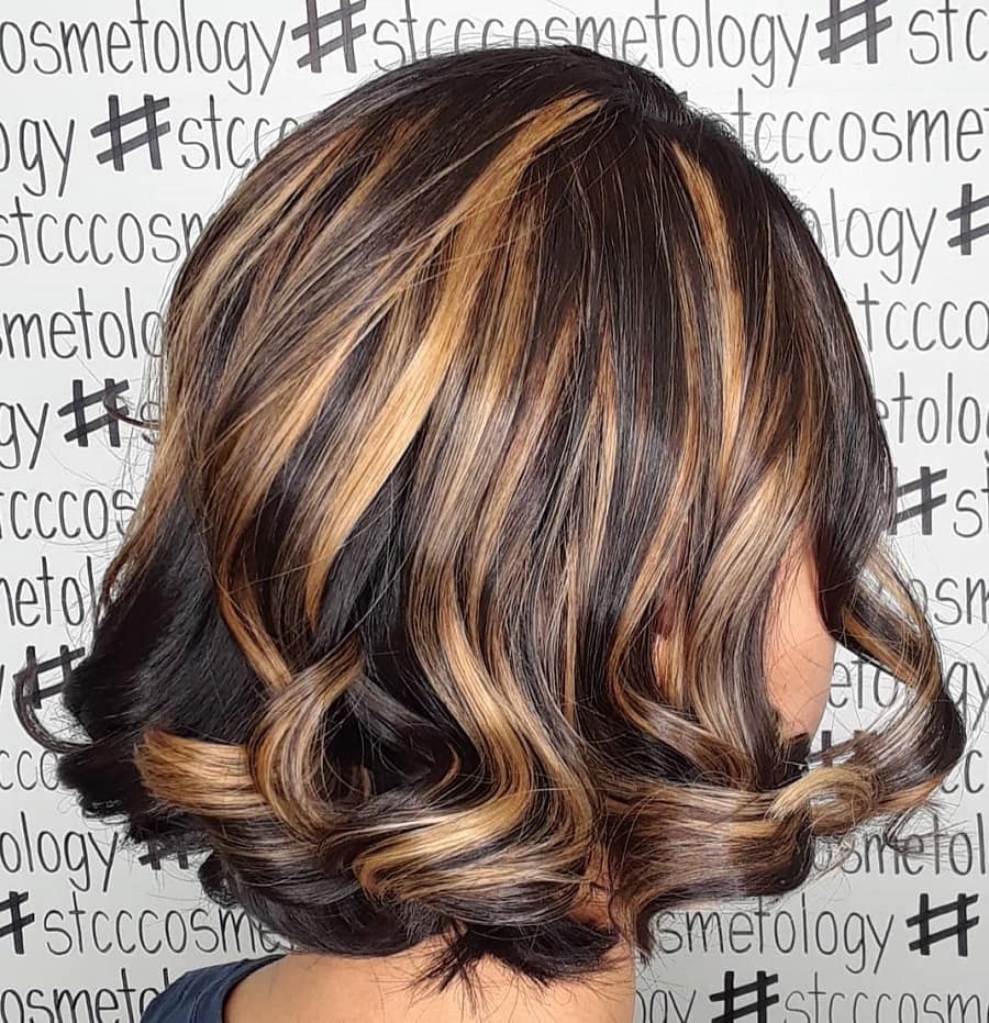 back view of short layered bob with blonde highlights