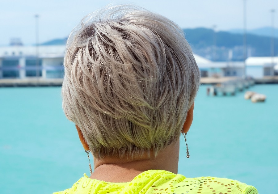 back view of short layered pixie for older women