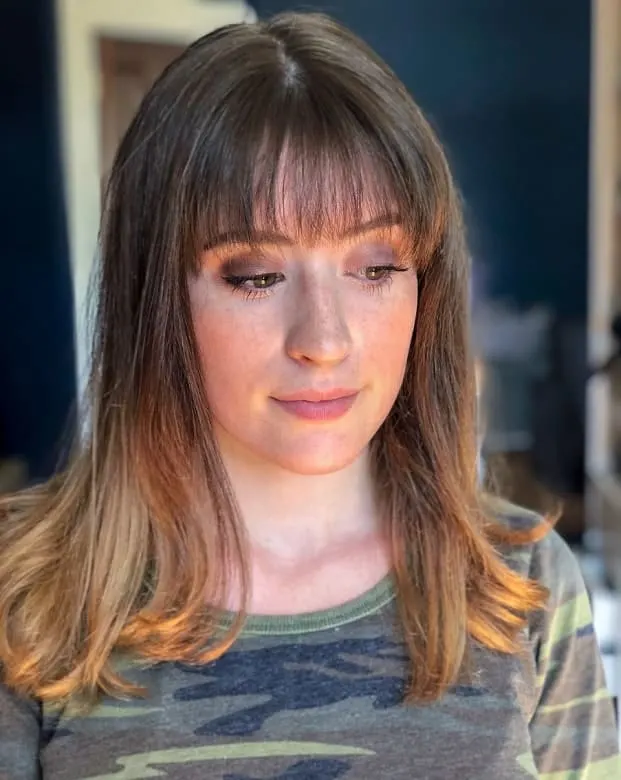 brunette balayage with curtain bangs
