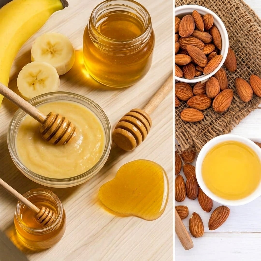 Banana, raw honey, and almond oil arranged for a homemade natural hair moisturizer recipe