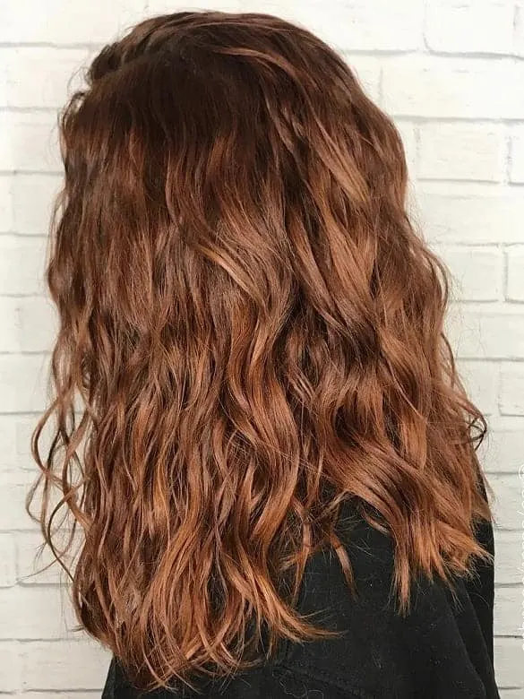 beach wave perm on auburn hair