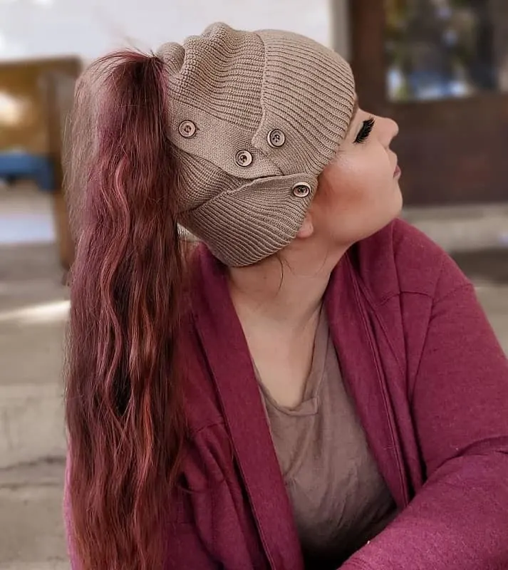 beanie style with ponytail