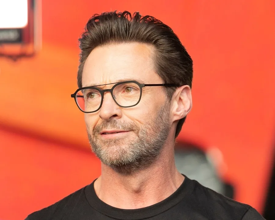 bearded celeb Hugh Jackman with glasses