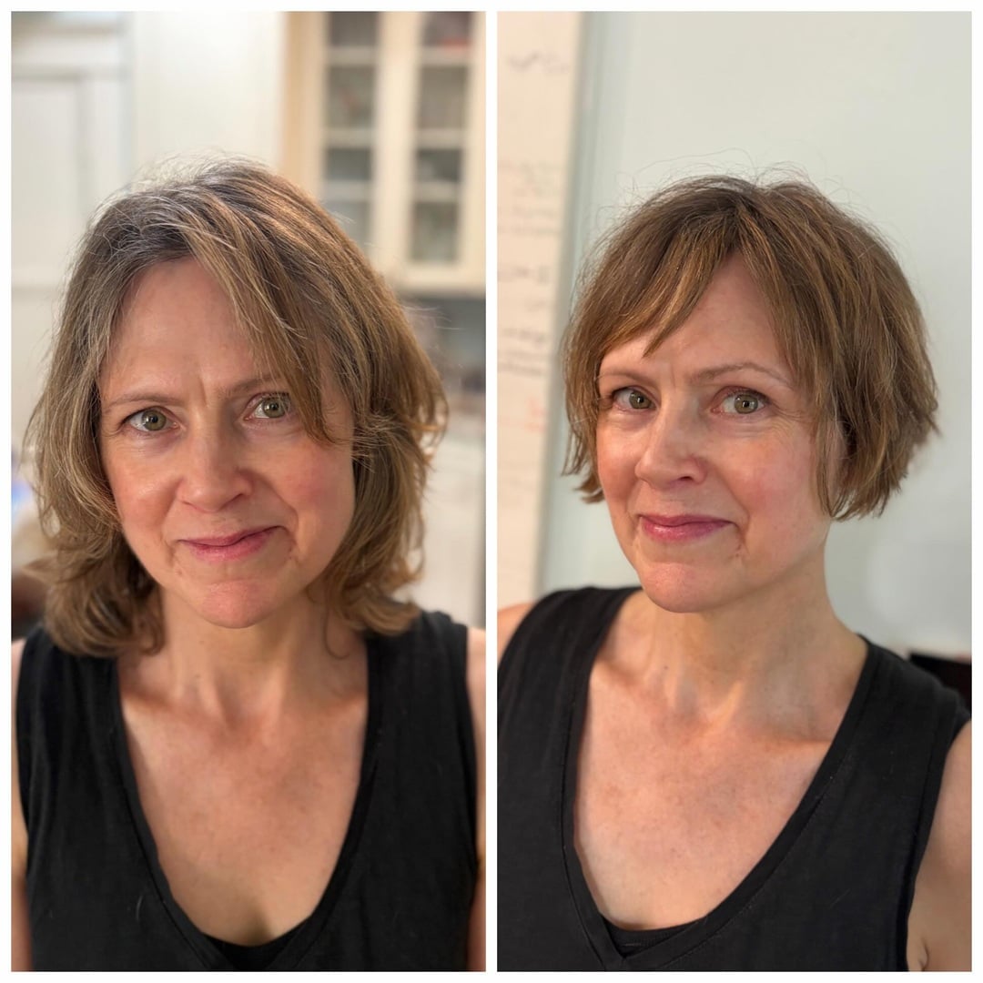 Before and after hair makeover for women over 50 transitioning from medium layers to a short textured bob