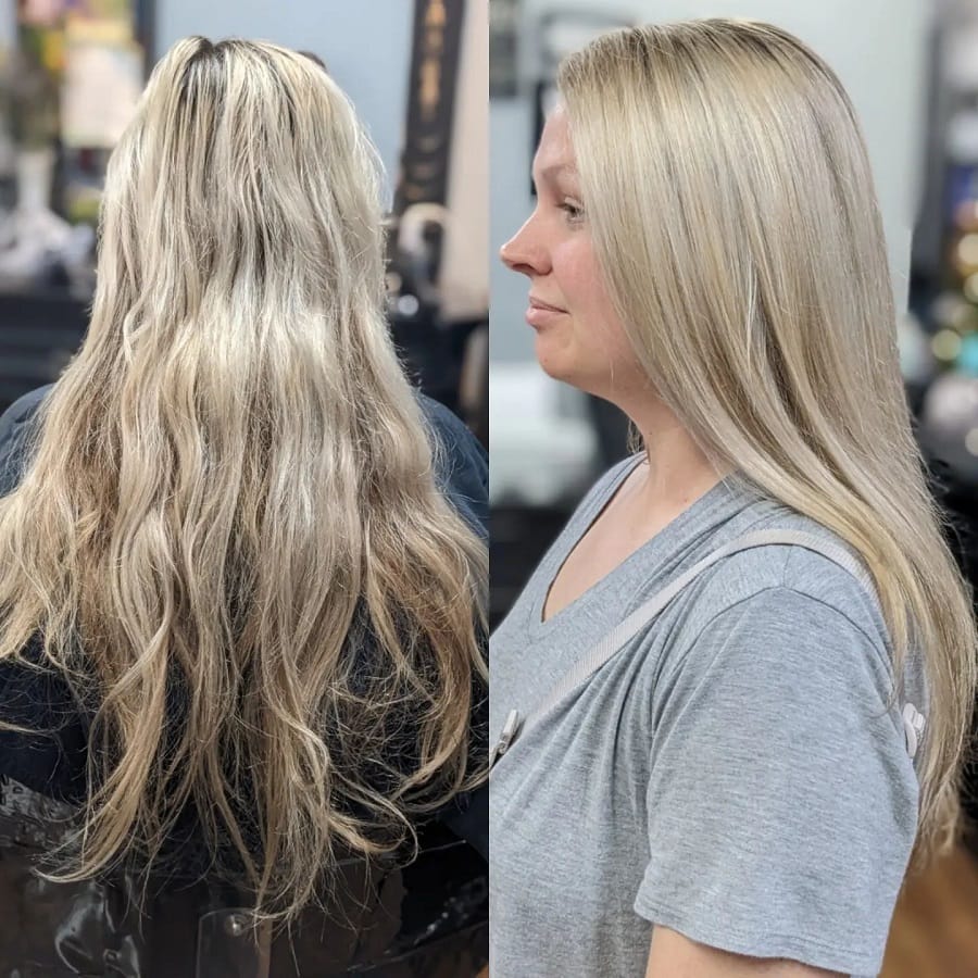 before and after long blonde hair over 50