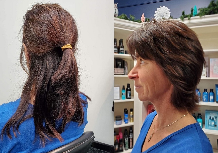 Before and after a shag haircut over the age of 50