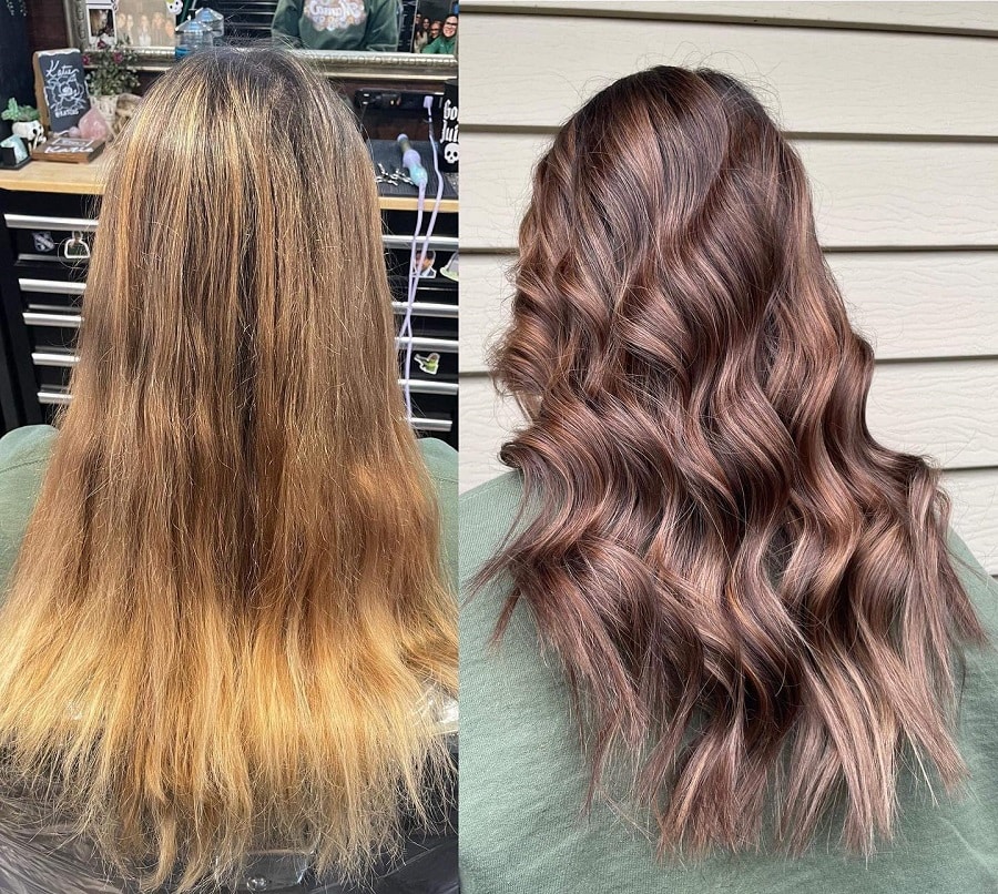 before and after using hair toner on highlighted hair