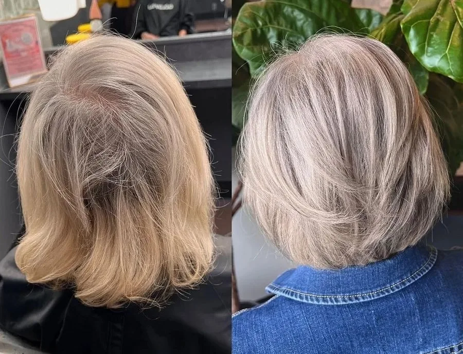 before and after using hydrogen peroxide on yellowing grey hair
