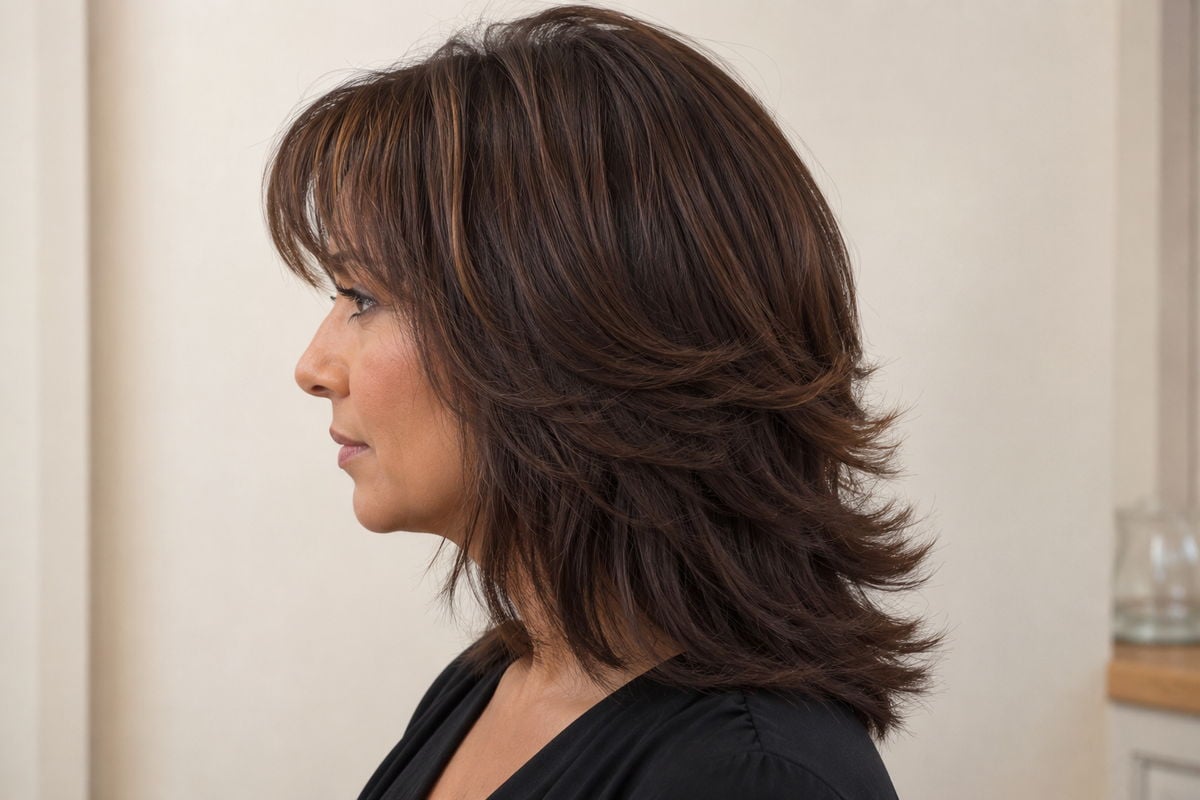 Bi-level haircut in profile, with shorter feathered layers on top falling into longer length at the back