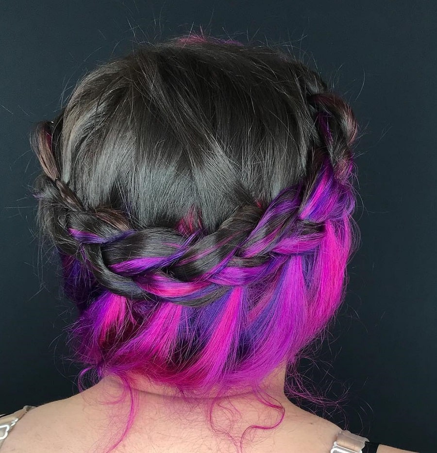 black braided updo with pink underneath