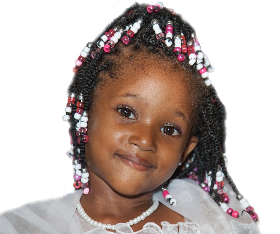 black flower girl hairstyle with beads