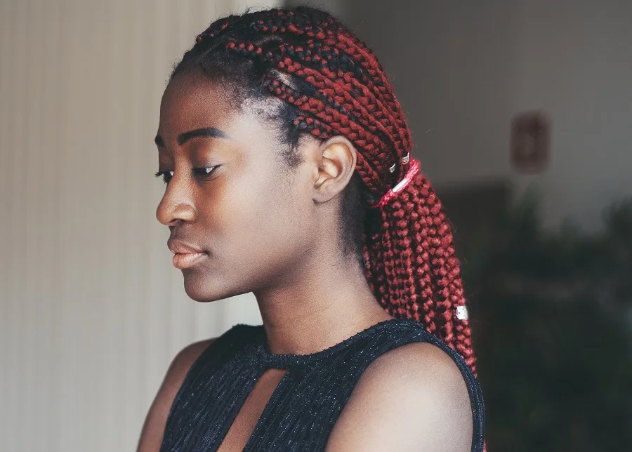 black girl with burgundy box braids