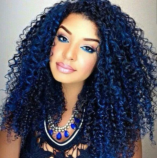 curly black hair with blue tips