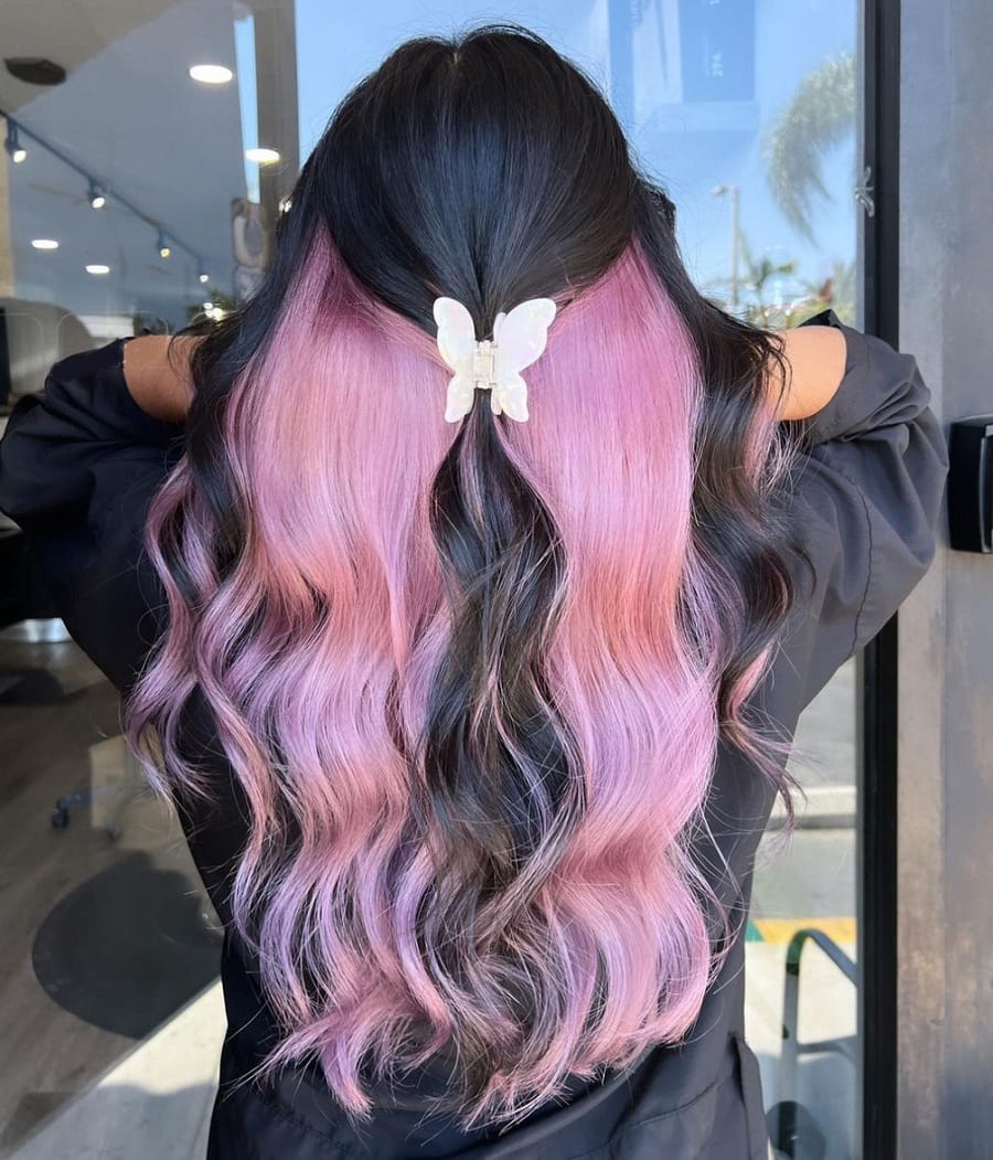 Black hair with faded pink underneath