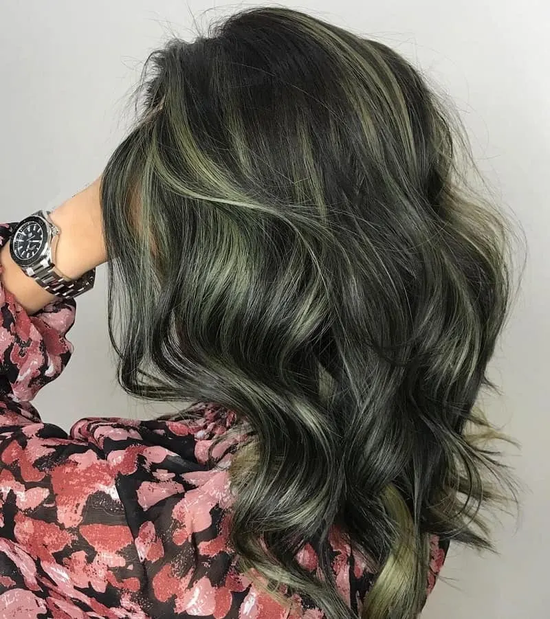 black hair with olive color highlights