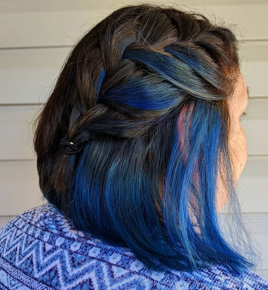 black half up braided updo with blue underneath