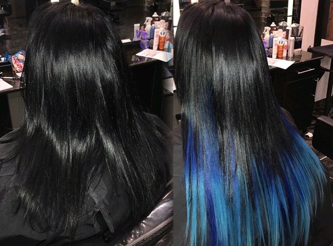 black hair to electric blue ombre tip color transformation