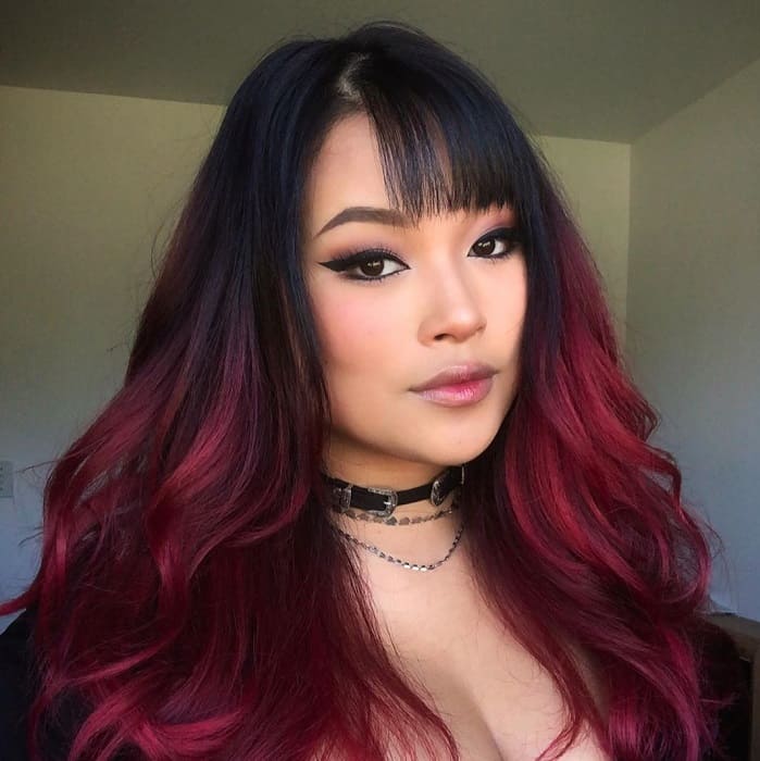 black to red ombre hair with bangs