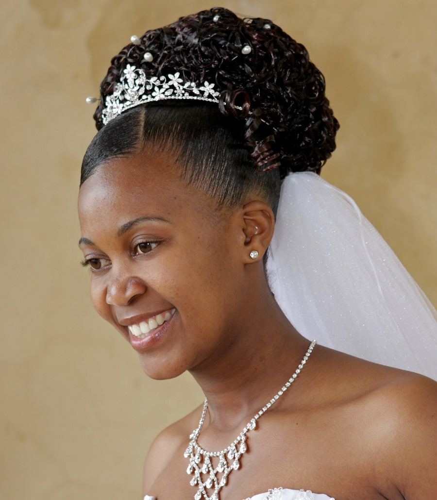 black wedding hairstyle with tiara and veil