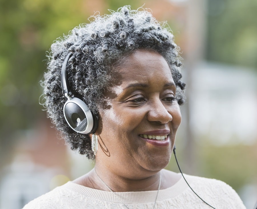 black woman over 50 with thick grey hair