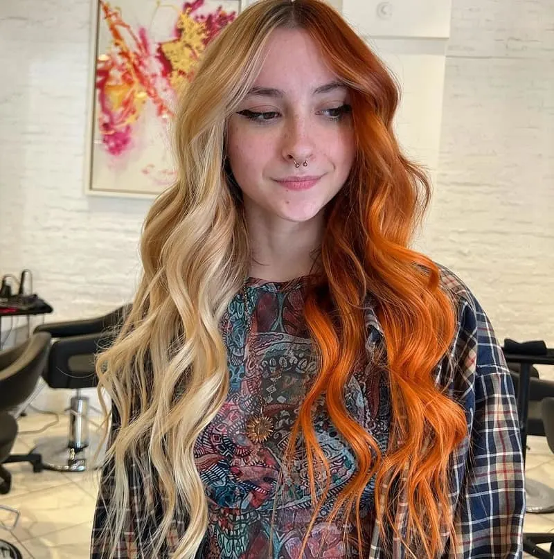 blonde and copper split hair color