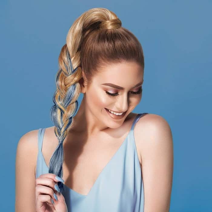 caramel blonde ponytail with blue highlights