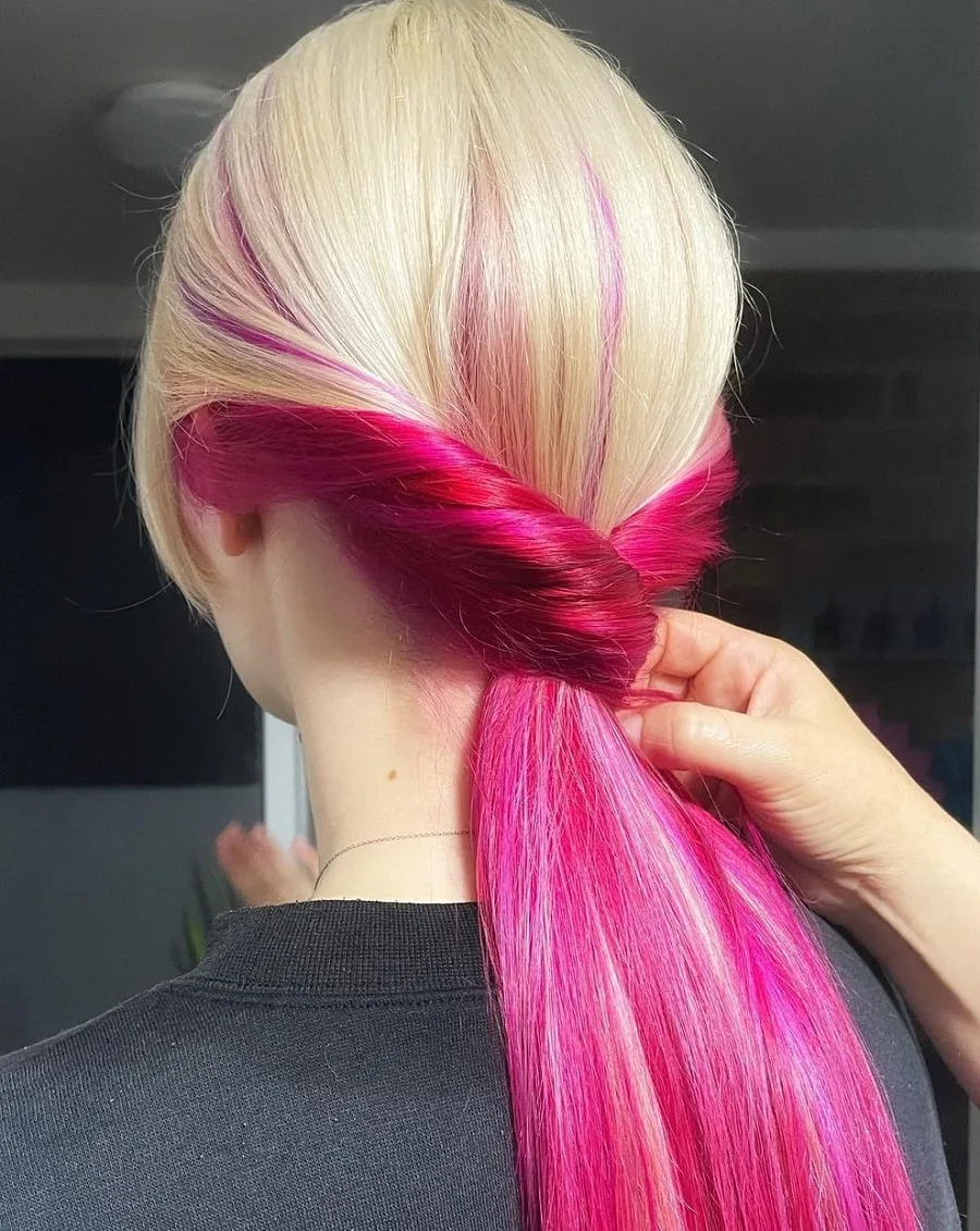 blonde hair with magenta pink underneath